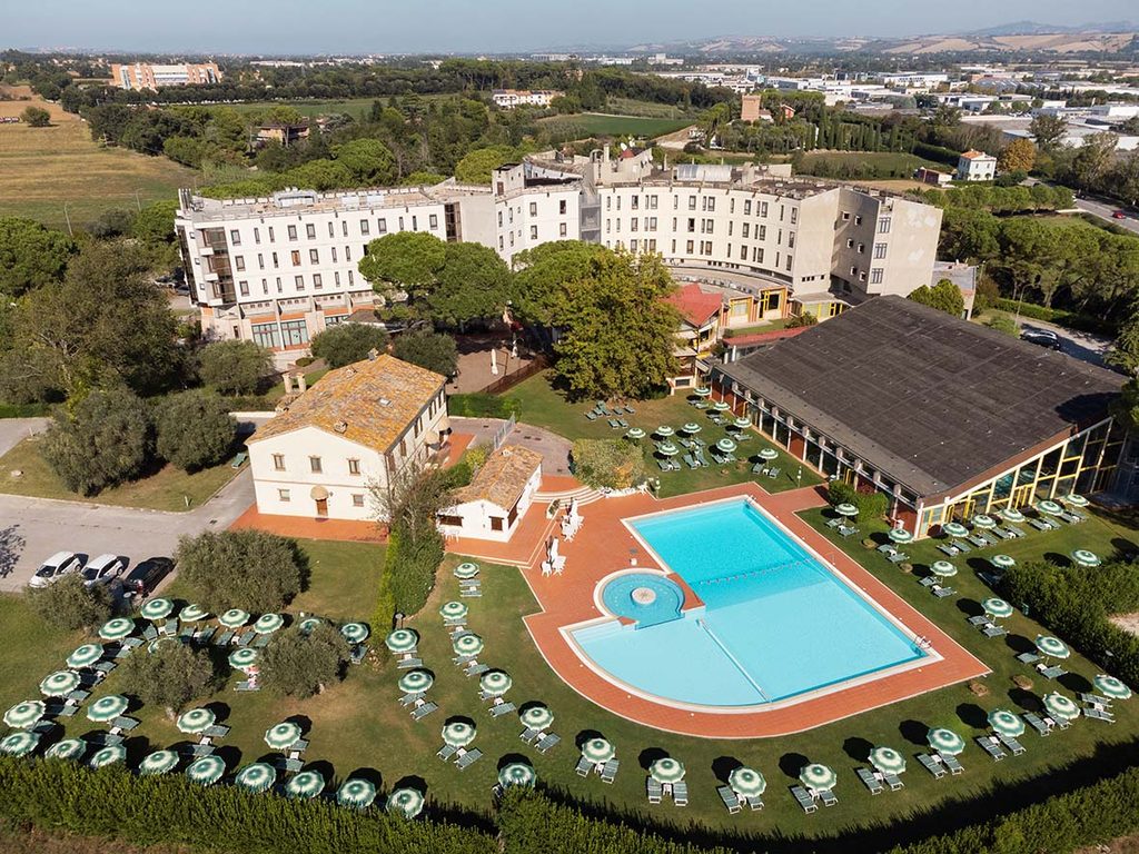 Aerial view of Hotel Federico II and its swimming pools in Jesi