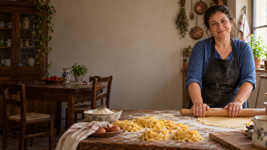 Italian cook preparing fresh tagliatelle in a traditional home kitchen