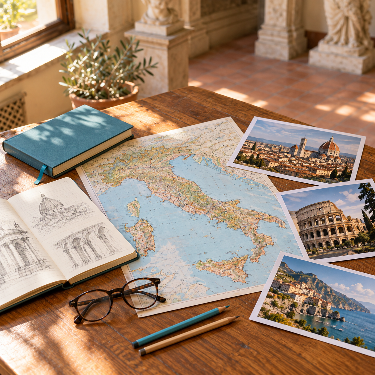 Map of Italy with architectural sketches and photographs for planning a faculty-led study abroad program