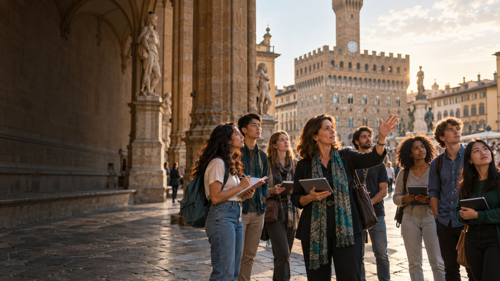 University professor leading international students during an academic field visit in Florence, Italy
